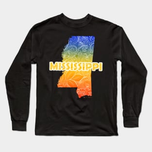 Colorful mandala art map of Mississippi with text in blue, yellow, and red Long Sleeve T-Shirt